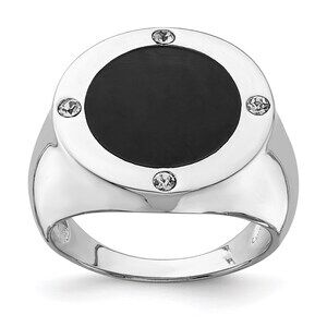 925 Sterling Silver Genuine Rhodium Plated Black Simulated Onyx & CZ Ring